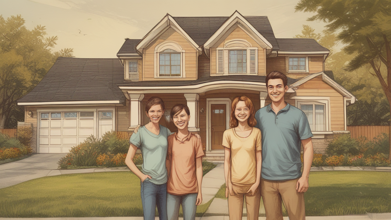 Family outside new home sketch