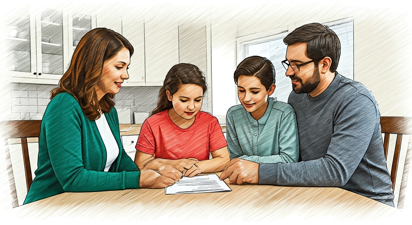 Family reviews life insurance document