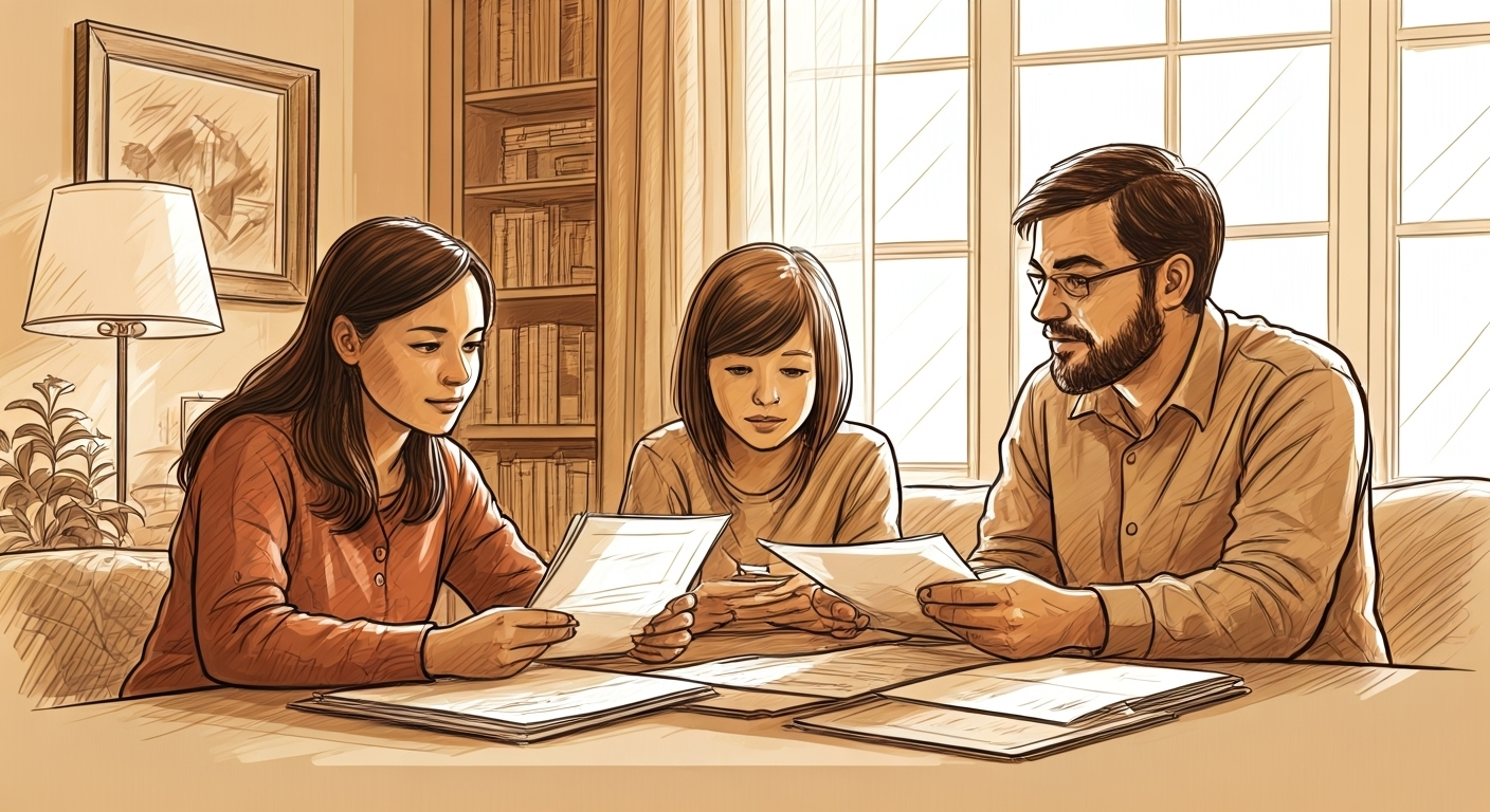 family reviewing documents