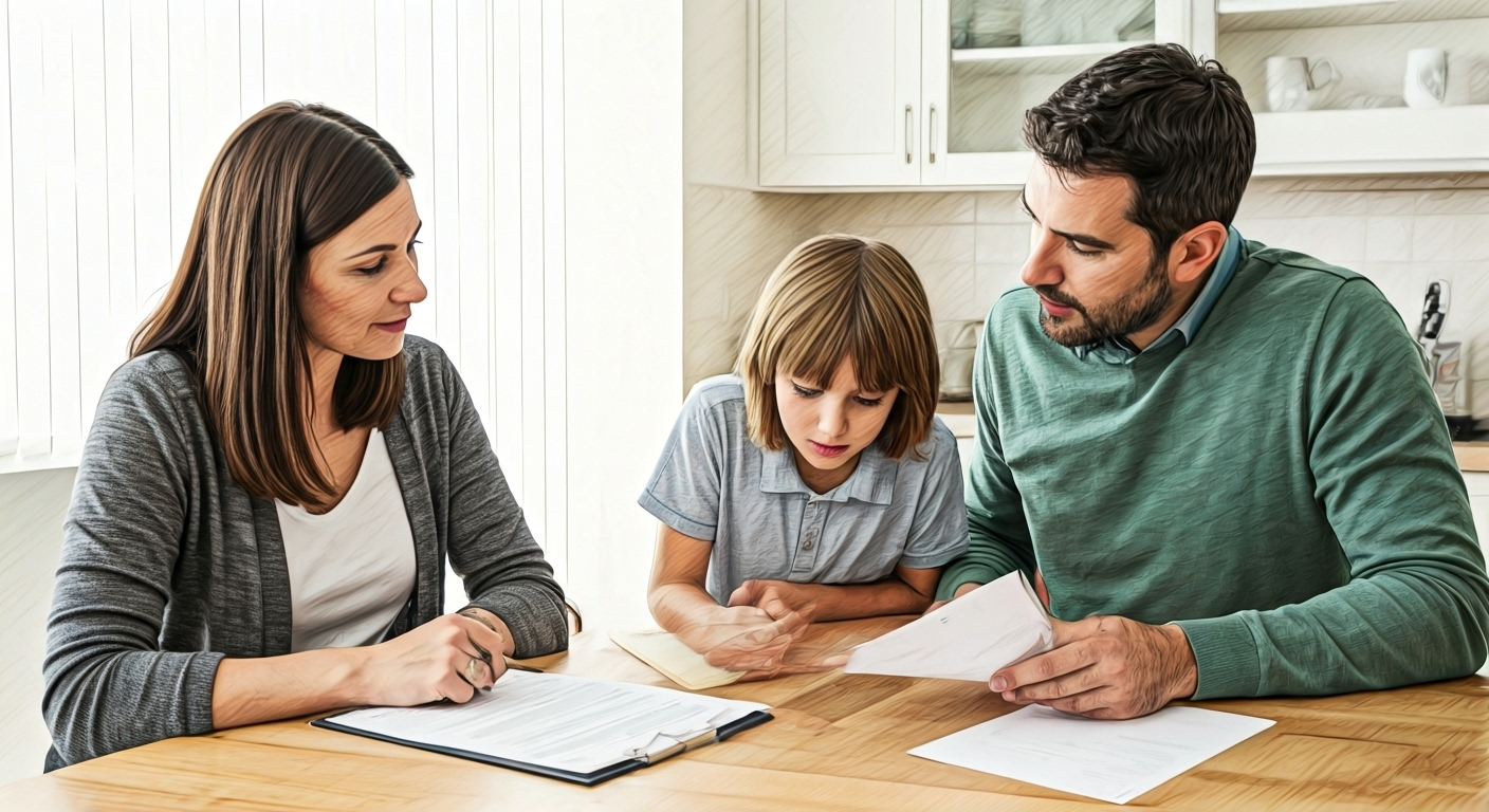 Family reviewing insurance documents