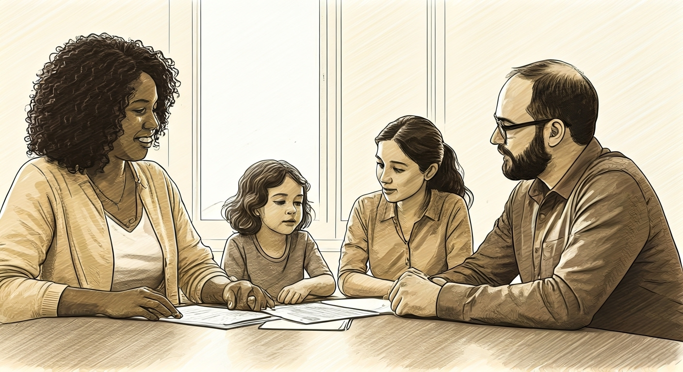 Family reviewing insurance document