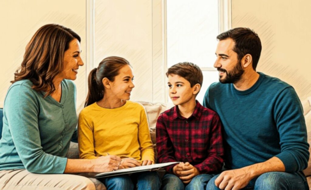 Family discussing insurance at home