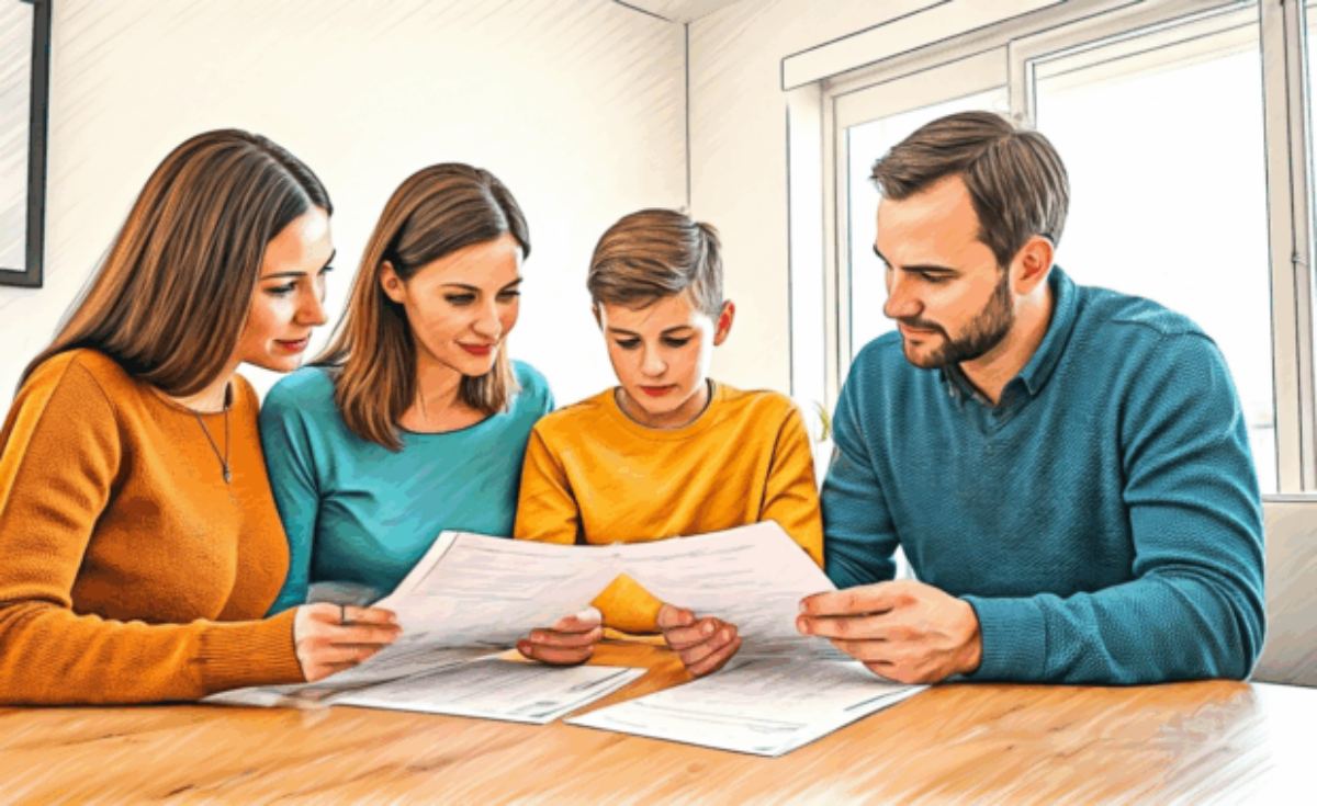 Family reviewing insurance papers