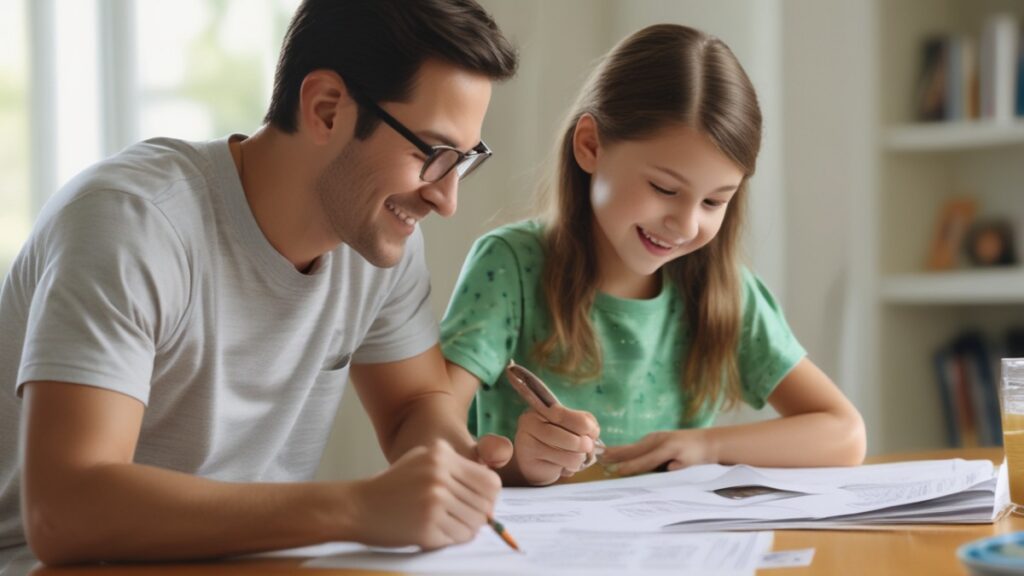 Parent and child reviewing documents