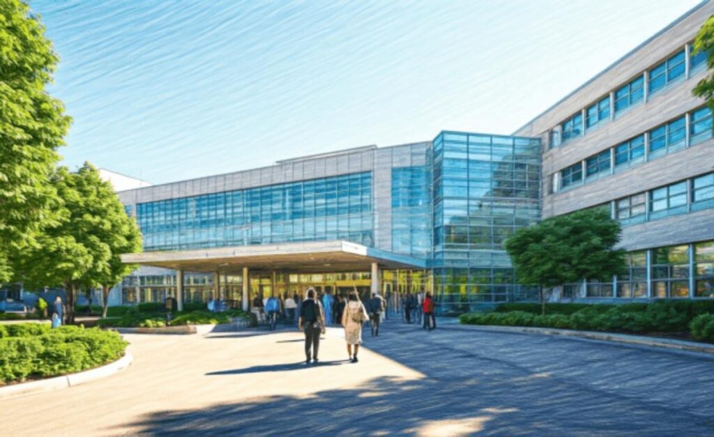 hospital building with visitors