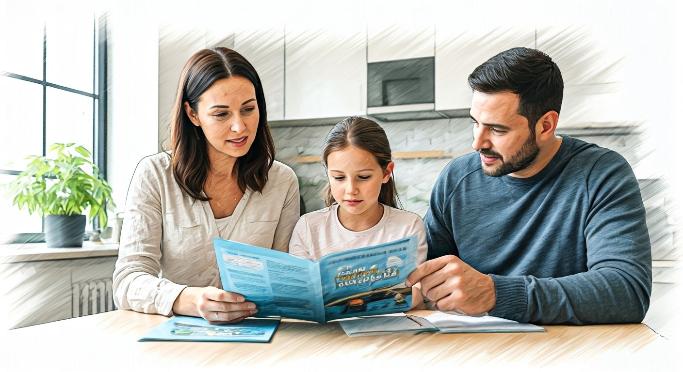 Family reviewing insurance brochure