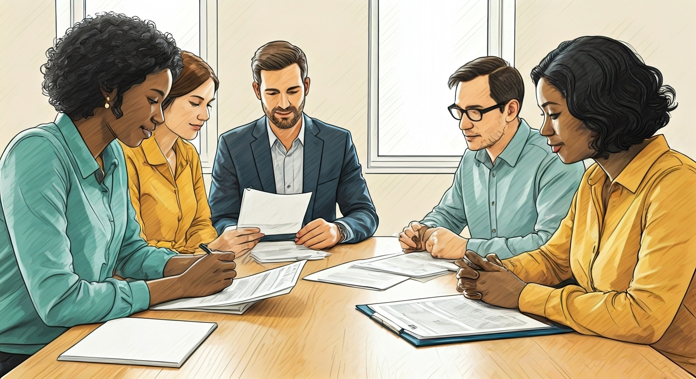 Group reviewing insurance documents