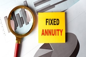 Sticky Note with Fixed Annuity Text Besides Magnifying Glass Over Financial Chart