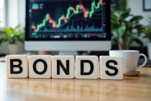 Word Bonds on Cubes in Front of Trading Screen