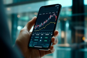 Hand Holding Smartphone Checking Stock Market Graph