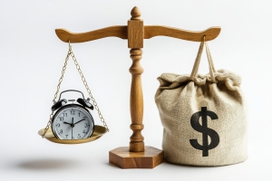 Time is Money Concept Explained Through Balance Scale with Vintage Clock and Cash